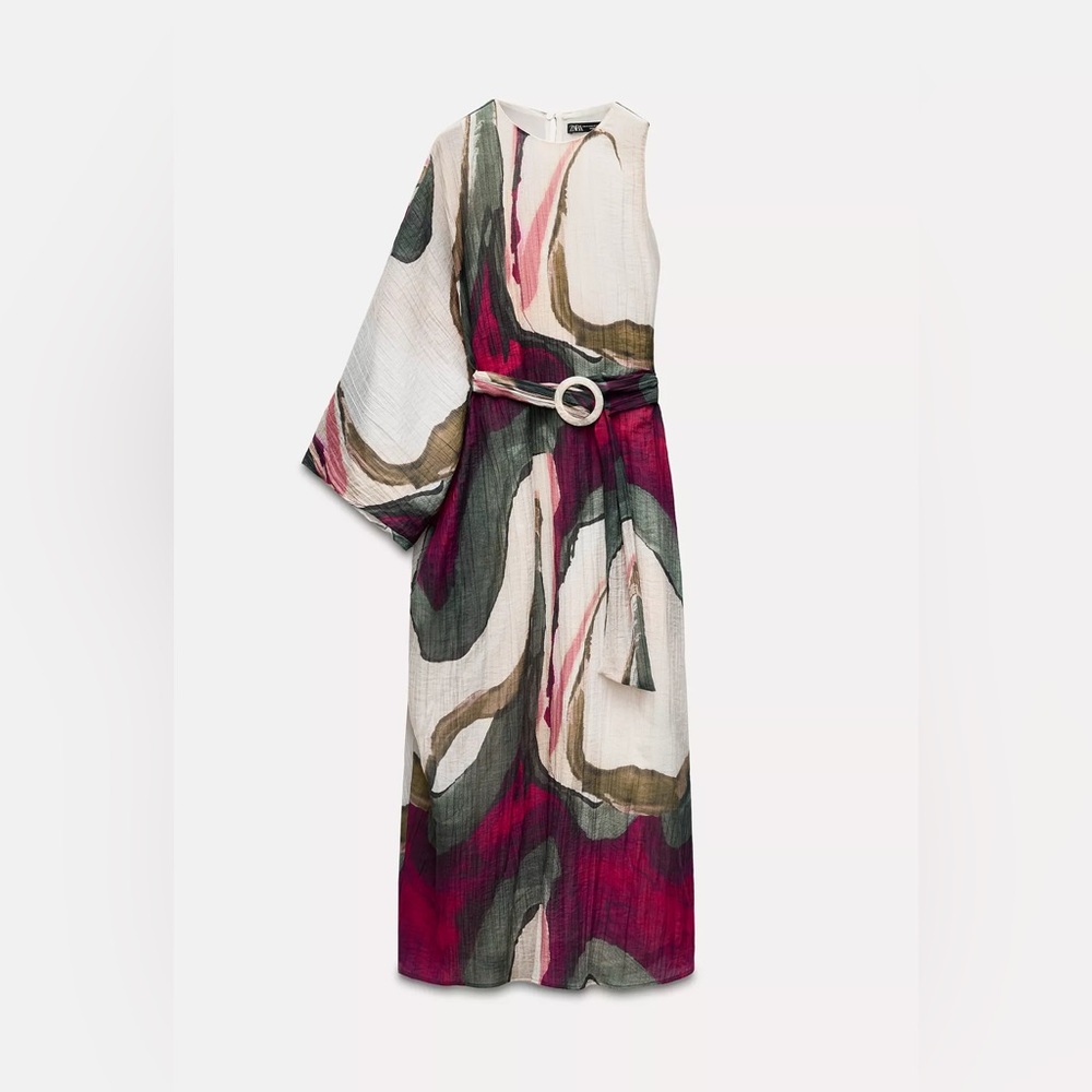 Zara - Asymmetrical Watercolor Belted Midi Dress - Small - NWT
